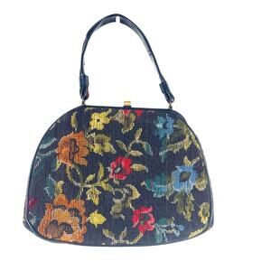 VTG 60s Florida USA Tapestry Carpet Handbag Tote Purse Floral Brown Black Boho
